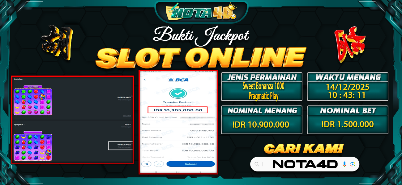 Bukti Kemenangan Besar Dibayar lunas Member NOTA4D RP 10.900.000, 15 Desember 2025